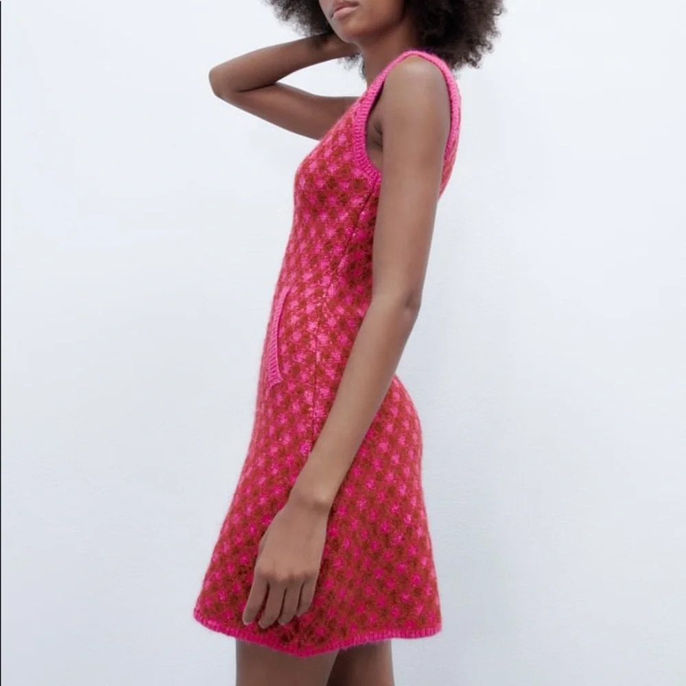 Zara PLAID KNIT Sleeveless Mini A-Line Dress w/ Round Neckline Size S Pink NEW - Picture 13 of 16